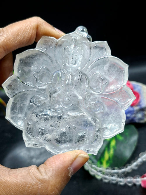 Clear Quartz 8mm Hand-Carved Mala with 3-Inch Kwan Yin Pendant – A Powerful Blend of Beauty, Calmness & Healing | Gemstone Mala | Birthday Gift