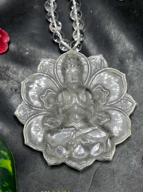Clear Quartz 8mm Hand-Carved Mala with 3-Inch Kwan Yin Pendant – A Powerful Blend of Beauty, Calmness & Healing | Gemstone Mala | Birthday Gift