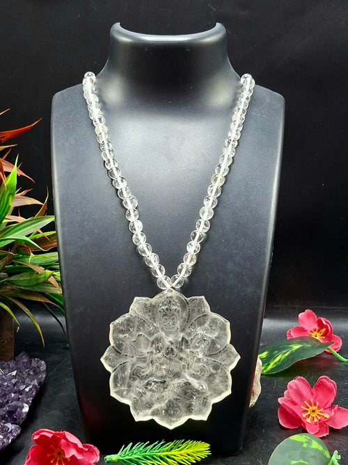 Clear Quartz 8mm Hand-Carved Mala with 3-Inch Kwan Yin Pendant – A Powerful Blend of Beauty, Calmness & Healing | Gemstone Mala | Birthday Gift