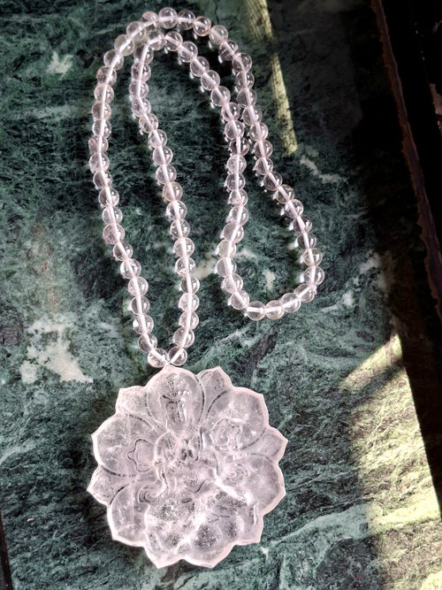 Clear Quartz 8mm Hand-Carved Mala with 3-Inch Kwan Yin Pendant – A Powerful Blend of Beauty, Calmness & Healing | Gemstone Mala | Birthday Gift