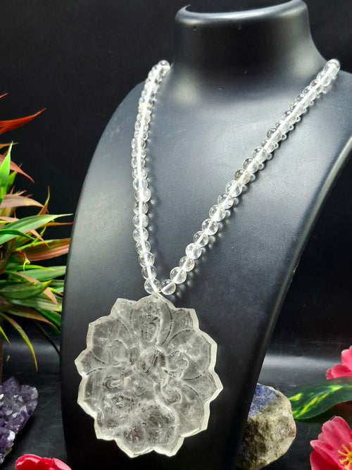 Clear Quartz 8mm Hand-Carved Mala with 3-Inch Kwan Yin Pendant – A Powerful Blend of Beauty, Calmness & Healing | Gemstone Mala | Birthday Gift