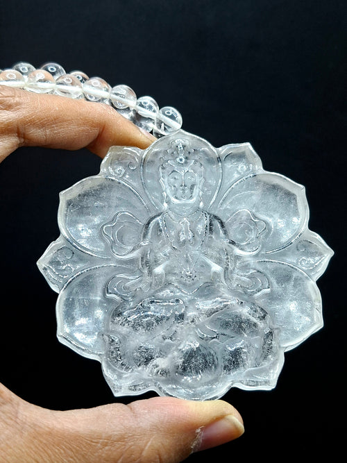 Clear Quartz 8mm Hand-Carved Mala with 3-Inch Kwan Yin Pendant – A Powerful Blend of Beauty, Calmness & Healing | Gemstone Mala | Birthday Gift