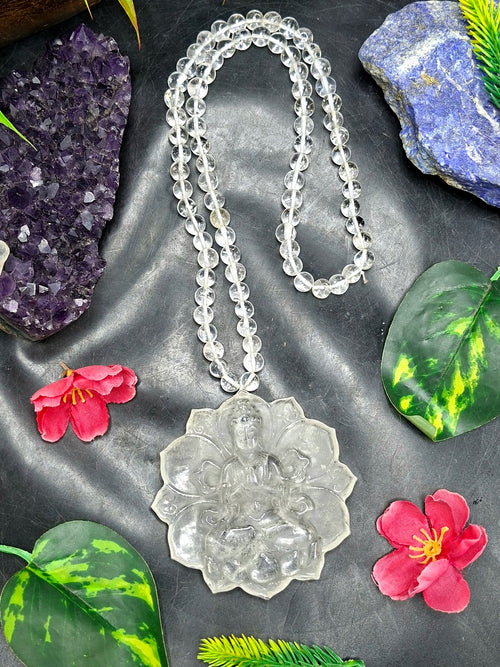 Clear Quartz 8mm Hand-Carved Mala with 3-Inch Kwan Yin Pendant – A Powerful Blend of Beauty, Calmness & Healing | Gemstone Mala | Birthday Gift