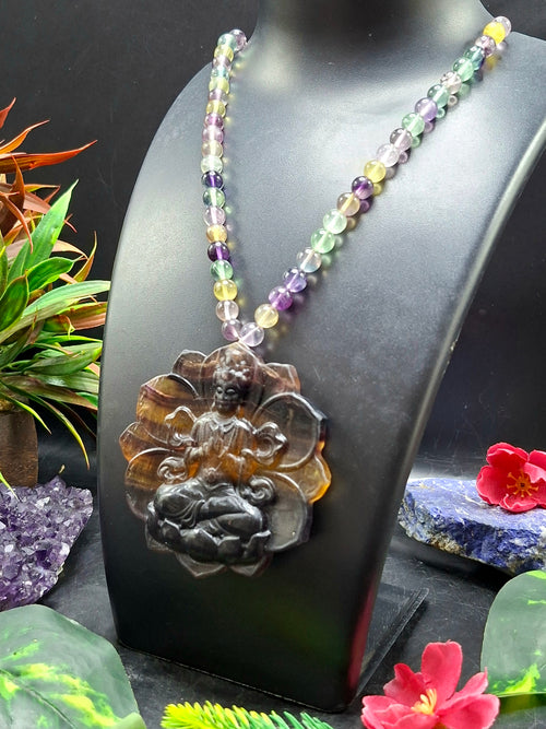 Multi Fluorite 8 mm Beaded Mala with Exquisite Kwan Yin Bodhisattva Carved Pendant for Daily Wear, Meditation, Corporate Success & Stress Relief | Gemstone Mala | Birthday Gift