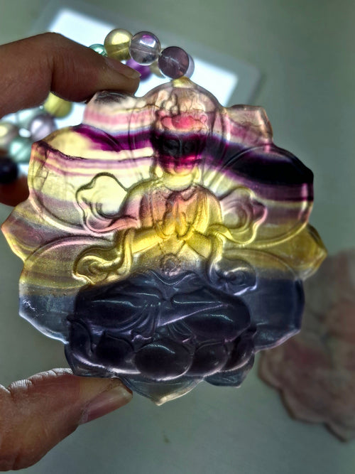 Multi Fluorite 8 mm Beaded Mala with Exquisite Kwan Yin Bodhisattva Carved Pendant for Daily Wear, Meditation, Corporate Success & Stress Relief | Gemstone Mala | Birthday Gift