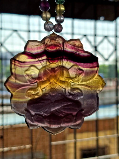 Multi Fluorite 8 mm Beaded Mala with Exquisite Kwan Yin Bodhisattva Carved Pendant for Daily Wear, Meditation, Corporate Success & Stress Relief | Gemstone Mala | Birthday Gift