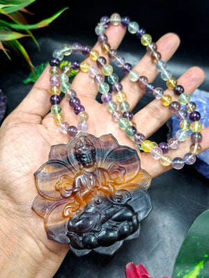 Multi Fluorite 8 mm Beaded Mala with Exquisite Kwan Yin Bodhisattva Carved Pendant for Daily Wear, Meditation, Corporate Success & Stress Relief | Gemstone Mala | Birthday Gift