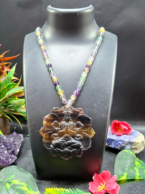 Multi Fluorite 8 mm Beaded Mala with Exquisite Kwan Yin Bodhisattva Carved Pendant for Daily Wear, Meditation, Corporate Success & Stress Relief | Gemstone Mala | Birthday Gift