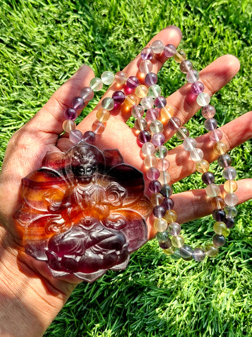 Multi Fluorite 8 mm Beaded Mala with Exquisite Kwan Yin Bodhisattva Carved Pendant for Daily Wear, Meditation, Corporate Success & Stress Relief | Gemstone Mala | Birthday Gift