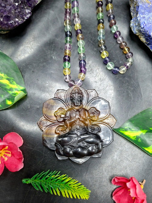 Multi Fluorite 8 mm Beaded Mala with Exquisite Kwan Yin Bodhisattva Carved Pendant for Daily Wear, Meditation, Corporate Success & Stress Relief | Gemstone Mala | Birthday Gift
