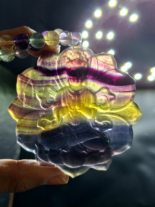 Multi Fluorite 8 mm Beaded Mala with Exquisite Kwan Yin Bodhisattva Carved Pendant for Daily Wear, Meditation, Corporate Success & Stress Relief | Gemstone Mala | Birthday Gift