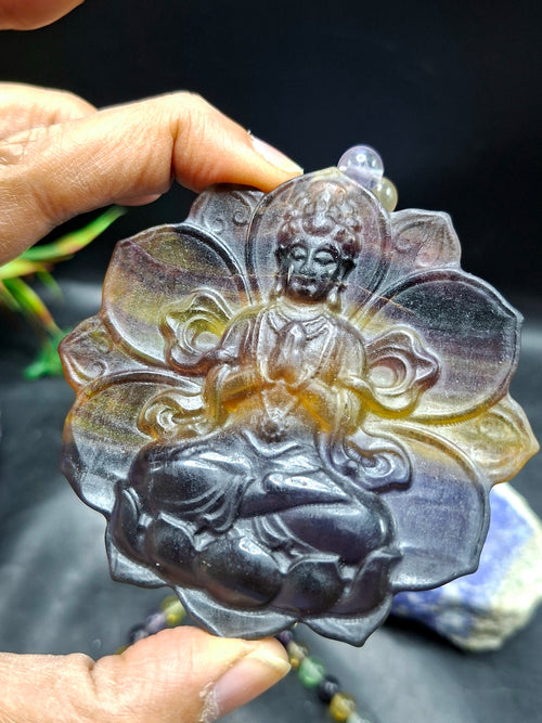 Multi Fluorite 8 mm Beaded Mala with Exquisite Kwan Yin Bodhisattva Carved Pendant for Daily Wear, Meditation, Corporate Success & Stress Relief | Gemstone Mala | Birthday Gift