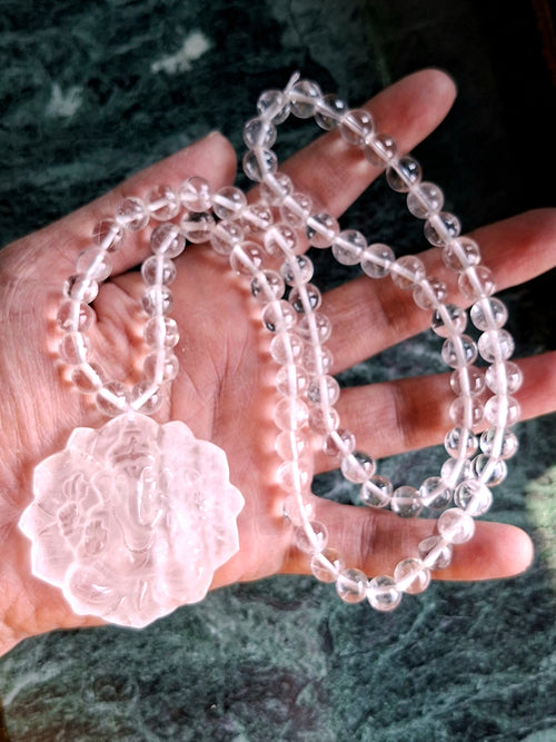 Clear Quartz 8 mm Beaded Mala with Lord Ganesh Carved Pendant – A Symbol of Clarity, Protection & Divine Blessings | Gemstone Mala | Birthday Gift
