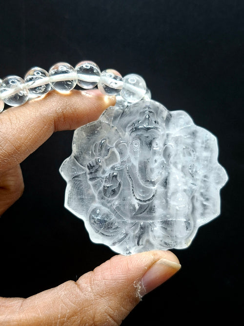 Clear Quartz 8 mm Beaded Mala with Lord Ganesh Carved Pendant – A Symbol of Clarity, Protection & Divine Blessings | Gemstone Mala | Birthday Gift