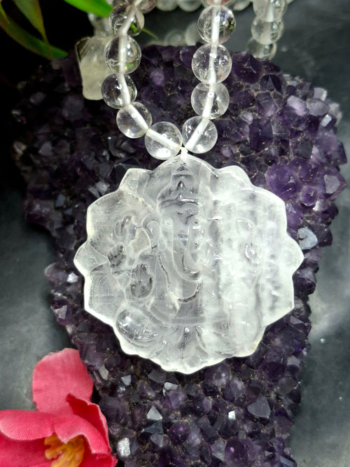 Clear Quartz 8 mm Beaded Mala with Lord Ganesh Carved Pendant – A Symbol of Clarity, Protection & Divine Blessings | Gemstone Mala | Birthday Gift