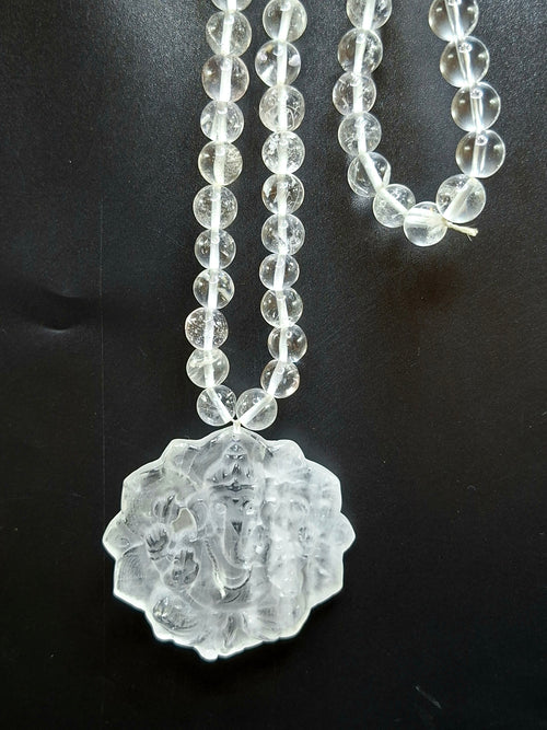 Clear Quartz 8 mm Beaded Mala with Lord Ganesh Carved Pendant – A Symbol of Clarity, Protection & Divine Blessings | Gemstone Mala | Birthday Gift