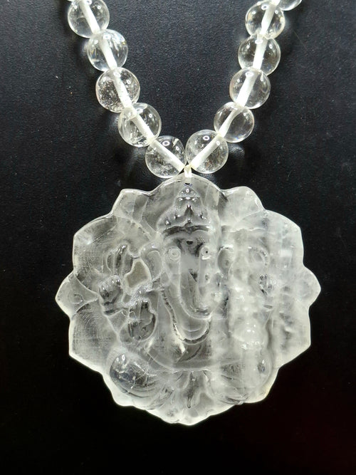 Clear Quartz 8 mm Beaded Mala with Lord Ganesh Carved Pendant – A Symbol of Clarity, Protection & Divine Blessings | Gemstone Mala | Birthday Gift