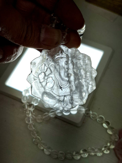 Clear Quartz 8 mm Beaded Mala with Lord Ganesh Carved Pendant – A Symbol of Clarity, Protection & Divine Blessings | Gemstone Mala | Birthday Gift