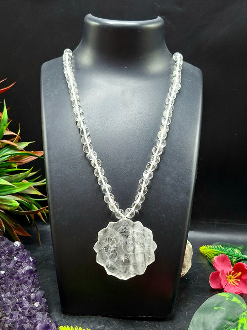Clear Quartz 8 mm Beaded Mala with Lord Ganesh Carved Pendant – A Symbol of Clarity, Protection & Divine Blessings | Gemstone Mala | Birthday Gift