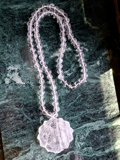 Clear Quartz 8 mm Beaded Mala with Lord Ganesh Carved Pendant – A Symbol of Clarity, Protection & Divine Blessings | Gemstone Mala | Birthday Gift