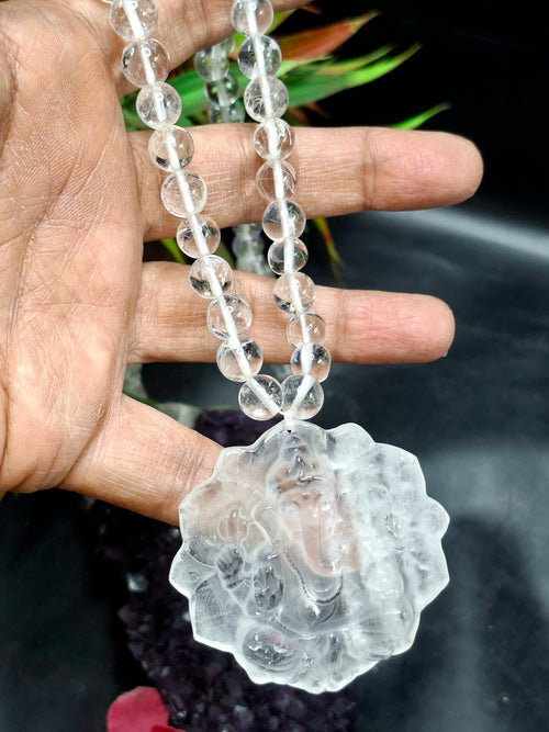 Clear Quartz 8 mm Beaded Mala with Lord Ganesh Carved Pendant – A Symbol of Clarity, Protection & Divine Blessings | Gemstone Mala | Birthday Gift