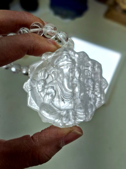 Clear Quartz 8 mm Beaded Mala with Lord Ganesh Carved Pendant – A Symbol of Clarity, Protection & Divine Blessings | Gemstone Mala | Birthday Gift