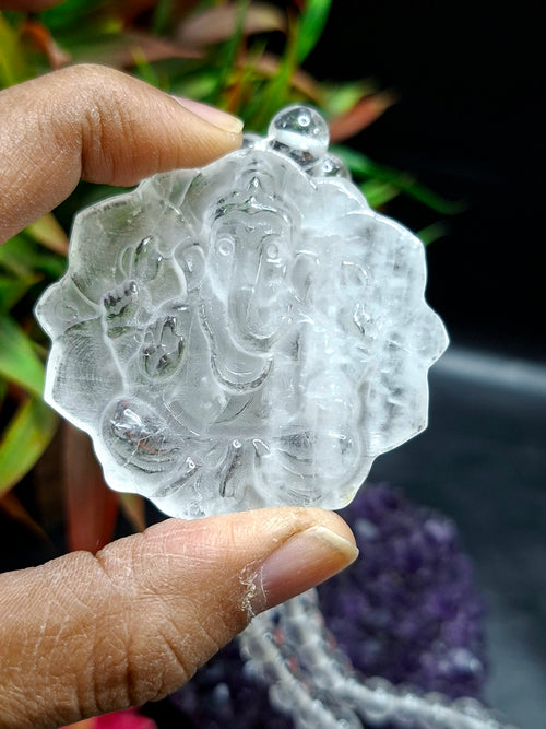 Clear Quartz 8 mm Beaded Mala with Lord Ganesh Carved Pendant – A Symbol of Clarity, Protection & Divine Blessings | Gemstone Mala | Birthday Gift