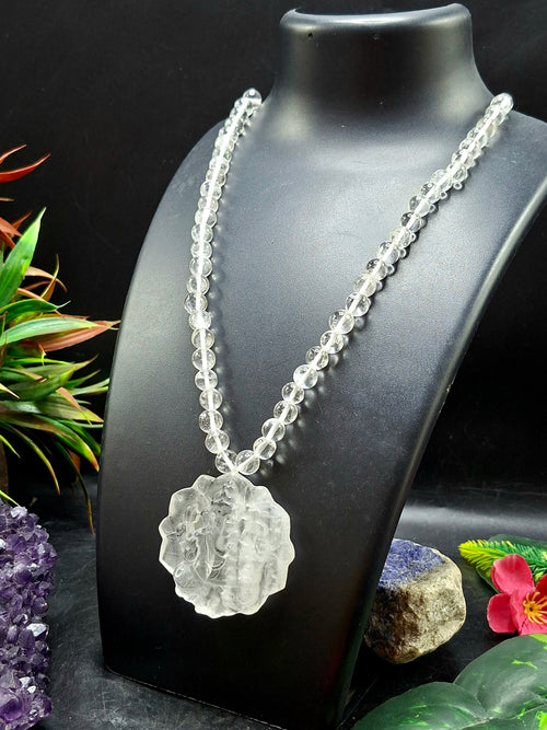 Clear Quartz 8 mm Beaded Mala with Lord Ganesh Carved Pendant – A Symbol of Clarity, Protection & Divine Blessings | Gemstone Mala | Birthday Gift