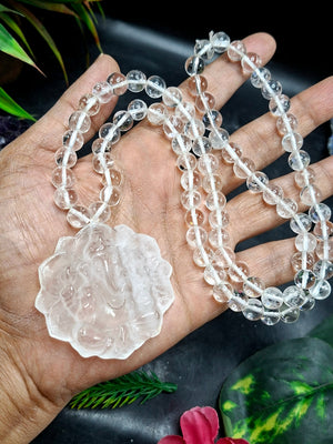 Clear Quartz 8 mm Beaded Mala with Lord Ganesh Carved Pendant – A Symbol of Clarity, Protection & Divine Blessings | Gemstone Mala | Birthday Gift