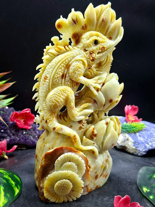 Chameleon Ocean Jasper Crystal Carving | Lotus Symbolism Statue for Balance & Abundance | Home Decor Gift | Weight 1220 gms