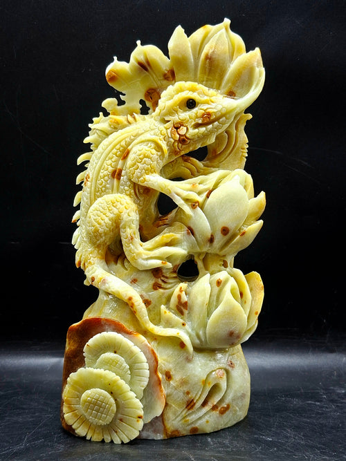 Chameleon Ocean Jasper Crystal Carving | Lotus Symbolism Statue for Balance & Abundance | Home Decor Gift | Weight 1220 gms
