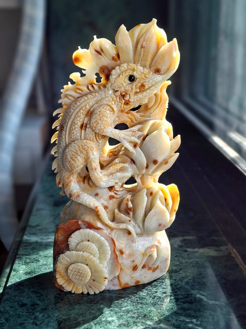 Chameleon Ocean Jasper Crystal Carving | Lotus Symbolism Statue for Balance & Abundance | Home Decor Gift | Weight 1220 gms
