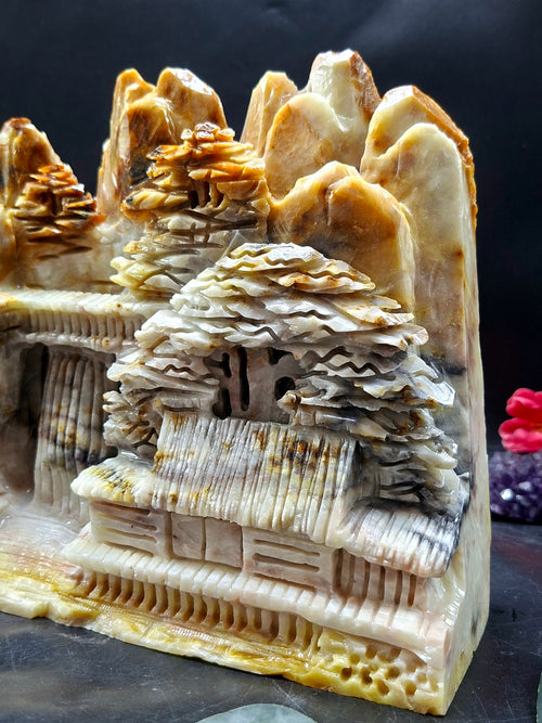 Yellow Jade Shoushan Style Landscape Carving – Mountain & Water Shanshui Feng Shui Masterpiece | Weight 5520 gms | Home Decor Gift