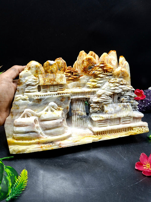 Yellow Jade Shoushan Style Landscape Carving – Mountain & Water Shanshui Feng Shui Masterpiece | Weight 5520 gms | Home Decor Gift