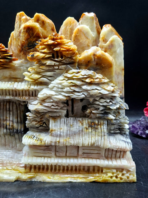 Yellow Jade Shoushan Style Landscape Carving – Mountain & Water Shanshui Feng Shui Masterpiece | Weight 5520 gms | Home Decor Gift