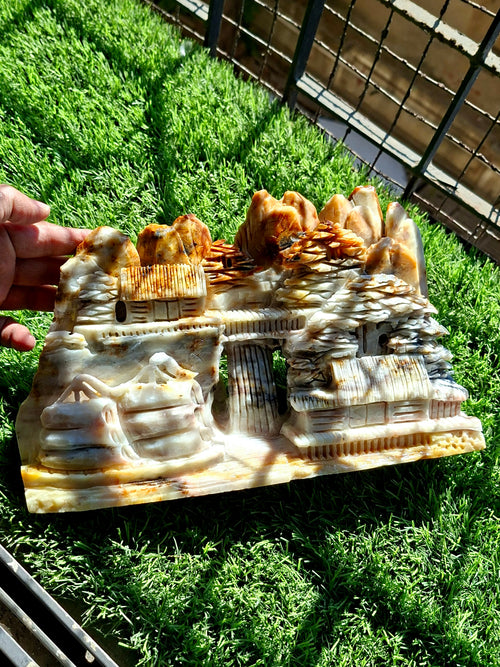 Yellow Jade Shoushan Style Landscape Carving – Mountain & Water Shanshui Feng Shui Masterpiece | Weight 5520 gms | Home Decor Gift