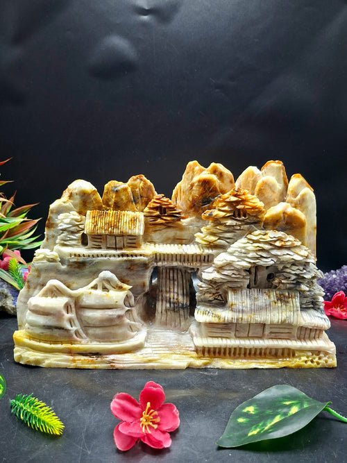 Yellow Jade Shoushan Style Landscape Carving – Mountain & Water Shanshui Feng Shui Masterpiece | Weight 5520 gms | Home Decor Gift