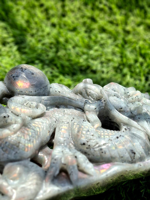 Orange Labradorite Dragon Figurine – Handcrafted 6 Inch Carving, Ideal for Special Occasions, Housewarming Gifts, and Enhancing Positive Energy in Home or Office