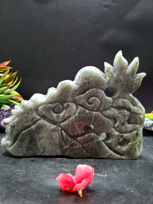 Orange Labradorite Dragon Figurine – Handcrafted 6 Inch Carving, Ideal for Special Occasions, Housewarming Gifts, and Enhancing Positive Energy in Home or Office