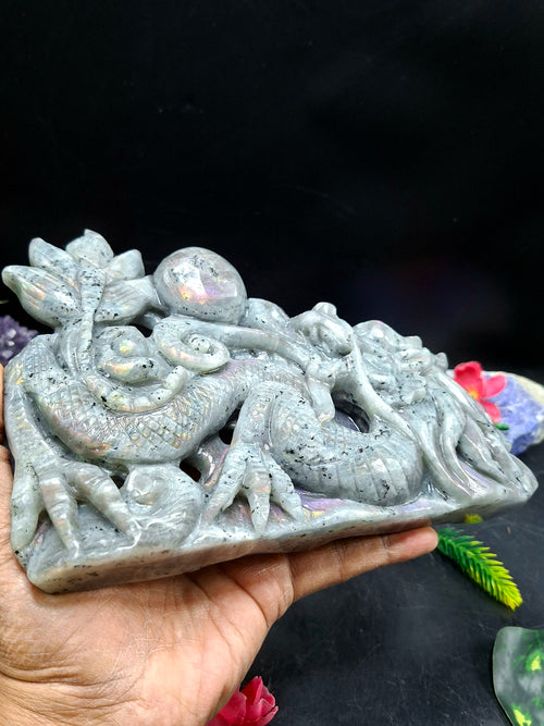 Orange Labradorite Dragon Figurine – Handcrafted 6 Inch Carving, Ideal for Special Occasions, Housewarming Gifts, and Enhancing Positive Energy in Home or Office