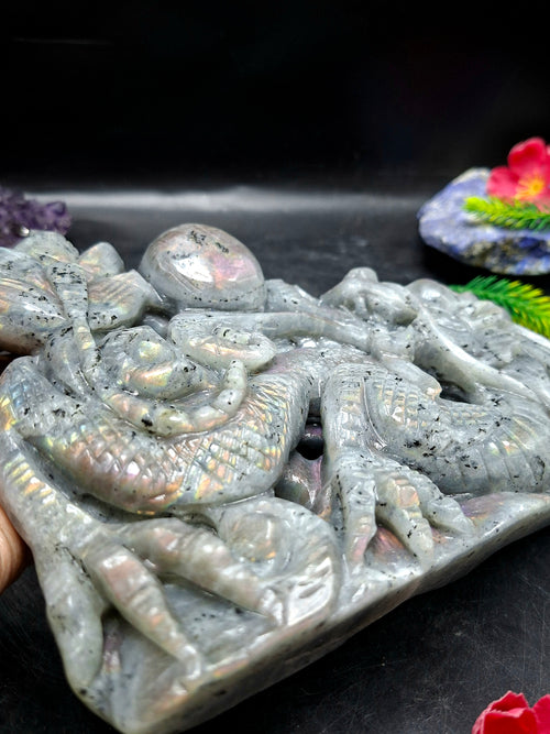 Orange Labradorite Dragon Figurine – Handcrafted 6 Inch Carving, Ideal for Special Occasions, Housewarming Gifts, and Enhancing Positive Energy in Home or Office