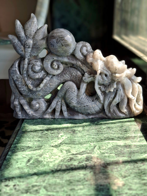 Orange Labradorite Dragon Figurine – Handcrafted 6 Inch Carving, Ideal for Special Occasions, Housewarming Gifts, and Enhancing Positive Energy in Home or Office