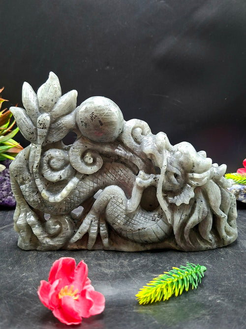 Orange Labradorite Dragon Figurine – Handcrafted 6 Inch Carving, Ideal for Special Occasions, Housewarming Gifts, and Enhancing Positive Energy in Home or Office