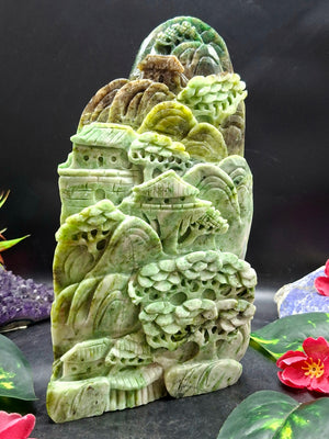 Shoushan Style Landscape Carving in Serpentine Jade Crystal for Manifestation, Strength & Prosperity | Weight 2370 gms | Reiki/Chakra/Healing/Energy | Home Decor Gift