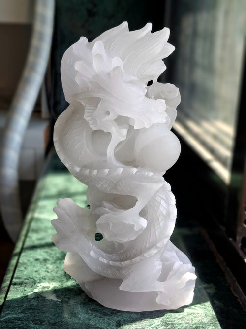 White Angelite Dragon Carving – Handcrafted Crystal Sculpture for Home Decor & Good Fortune | Reiki/Chakra/Healing/Energy | Gift