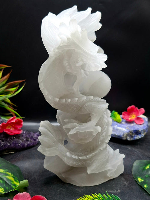White Angelite Dragon Carving – Handcrafted Crystal Sculpture for Home Decor & Good Fortune | Reiki/Chakra/Healing/Energy | Gift