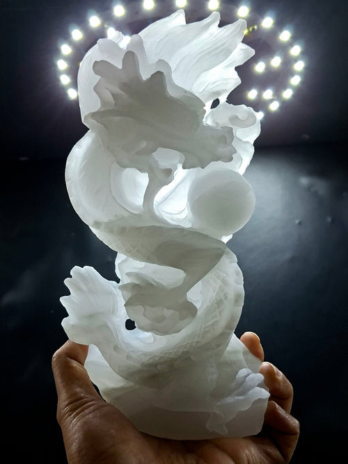 White Angelite Dragon Carving – Handcrafted Crystal Sculpture for Home Decor & Good Fortune | Reiki/Chakra/Healing/Energy | Gift
