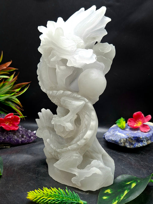 White Angelite Dragon Carving – Handcrafted Crystal Sculpture for Home Decor & Good Fortune | Reiki/Chakra/Healing/Energy | Gift