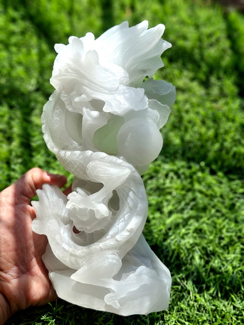 White Angelite Dragon Carving – Handcrafted Crystal Sculpture for Home Decor & Good Fortune | Reiki/Chakra/Healing/Energy | Gift