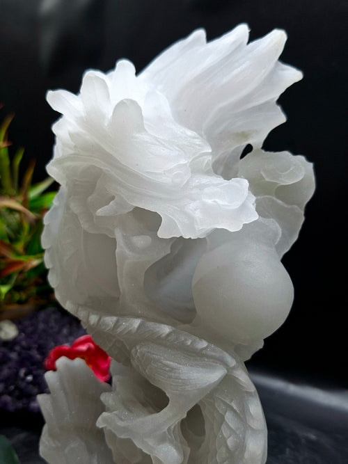White Angelite Dragon Carving – Handcrafted Crystal Sculpture for Home Decor & Good Fortune | Reiki/Chakra/Healing/Energy | Gift
